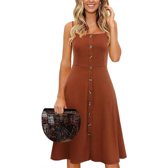 🆕Women’s Brown Cotton Spaghetti Strap Button Down A-Line Midi Beach Sundress - Picture 3 of 7